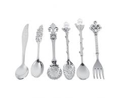 Set di forchette cucchiai vintage, 6 pezzi Set di stoviglie per la famiglia Set di posate in metallo antico color oro argento stile regale retrò, Cucchiaio da dessert Cucchiaino(Argento)