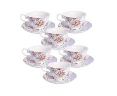 fanquare Set di 6 Tazzine da caffè Floreali, Tazze Cappuccino in Porcellana con Piattini, Tazza da tè per Compleanno, Matrimonio e Festa, Viola(150 ml)