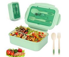 Sinwind Lunch Box, Porta Pranzo, Bento Box con 3 Scomparti e Posate(Forchetta e Cucchiaio), per Microonde e Lavastoviglie/Approvato dalla FDA/No BPA. (Verde)
