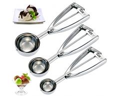 Qanye 3 Pezzi Cucchiaio di Gelato in Acciaio Inox, Porzionatori da Gelato, Cucchiaio Porzionatore Paletta, Gelato con Grilletto, 3 Specifiche, per Gelato, Melone, Cakes, Cioccolato
