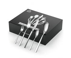 vancasso Posate Acciaio Inox 12 Persone, Posate 60 Pezzi Servizio, 12 Cucchiaio, 12 Forchetta, 12 Coltello, 12 Cucchiaino Tè, 12 Forchetta Dolce, Argento Modern Design a Coda Quadrat con Pacco Regalo