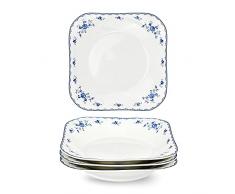 fanquare Set di 4 Piatti Quadrati da Insalata in Porcellana, 18.8cm Piatti da Dessert Floreale Blu, Ciotole Insalata Grande