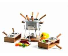 Domestic 924396 Set per fonduta con pentolino, vassoio, scaldavivande, sottopentola in bambù, bruciatore, supporto per bruciatore, 4 ciotoline, 2 poggia ciotoline cucchiaio per fonduta, 6 forchette per fonduta, 22 pezzi in legno/ acciaio INOX