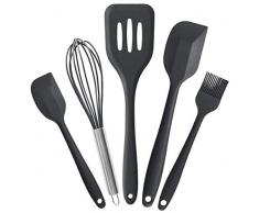 AVANA, set di 5 utensili da cucina in silicone, resistenti al calore, antiaderenti, per cucinare, frusta, spatola, pennello da forno, spatola (nero)