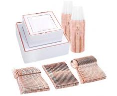 Servizio da tavola quadrato per 25 persone, in plastica oro rosa, con 150 pezzi di stoviglie riutilizzabili occasioni speciali, comprendenti piatti insalata, forchette, coltelli, cucchiai e tazze