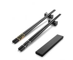 2 Paia di Bacchette Giapponesi in Lega di Alluminio, Colore Nero + 2 Bacchette per Cibo, Bacchette per Chopsticks, Bacchette in Acciaio Inox con