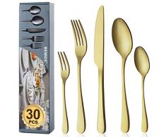 BEWOS Set di posate Champagne oro di alta qualità in Acciaio Inox, 30 Pezzi posate argenteria set-Forchette, Coltelli, Cucchiai, servizio per 6, lavabile in lavastoviglie