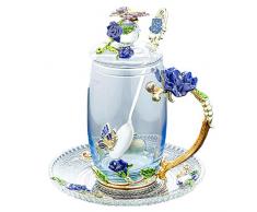 Tazze da tè in Vetro Tazza da caffè, Tazza da Fiori Vintage in 3D con Coperchio e cucchiaino da tè, Farfalla Unica e Disegno di Smalto Rosa Blu, Decorazione Regalo Migliore (350 ml, 11,84 Once)