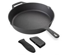 Navaris Pentola in Ghisa Ø 30cm con Manico Silicone 13cm - Padella Bassa Rotonda per Friggere Cuocere Grigliare - Casseruola Forno Cucina Grill BBQ