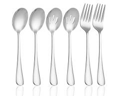 findTop - Set di 6 posate da portata di grandi dimensioni, 2 cucchiai da portata e 2 forchette da portata per feste, buffet, cene, banchetti (argento)