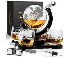 Whisiskey - Decanter per Whisky - Mappamondo - 900ML - Regalo Uomo - Caraffa Whiskey - Regali Compleanno - Set include 4 Bicchieri in Vetro, 4 Cubetti di Ghiaccio Riutilizzaibili, Pinze e Beccuccio
