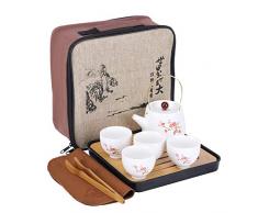 fanquare Servizio da tè da Viaggio Portatile Giapponese con Borsa, Set da tè con Fiore di Ciliegio per Adulti, 1 Teiera e 4 Tazze da tè
