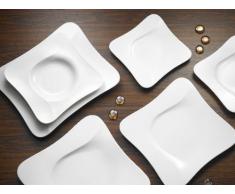 Servizio Piatti Quadrati 18 Pezzi Per 6 Persone – Porcellana Bianca Con Righe Nere E Grigie, Set Piatto Fondo, Piano E Dessert, Lavabile In Lavastoviglie