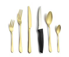 BEWOS Servizio di posate per 6 persone, set di posate in acciaio inox da 36 pezzi con coltelli da bistecca, set di posate in oro champagne opaco comprensivo di coltello, forchetta, cucchiaio