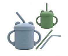 2 Pezzi Tazze con Cannuccia per Bambini Silicone Bicchiere con Manici Tazza di Allenamento 200 ml Baby Training Cup, 7+ Mesi, Senza BPA, per Microonde e Lavastoviglie, Verde + Blu