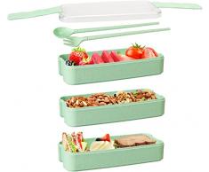 CSYY Bento Box, Contenitore per Il Pranzo 900 ml per Bambini Adulti 3 Scomparti Impilabile Campeggio per La Preparazione dei Pasti Forchetta Cucchiaio Senza BPA Microonde e Lavabile in Lavastoviglie