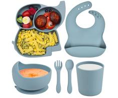 Domueay Set Pappa per Bambino, Set da 6 Pezzi Svezzamento Set con Silicone Antiscivolo Ventosa Piatto Ciotola Tazze Cucchiaio Forchetta Bavaglino,Robusto,senza BPA Impermeabili (Blu Elefante)