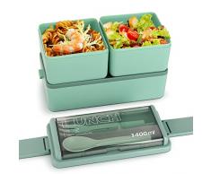 Marithleo Lunch Box 1400ML, Bento Box con 3 Contenitori Ermetici e 1 Divisorio Porta Pranzo,Lunchbox Portapranzo con Scomparti, Posate per Microonde e Lavastoviglie,per Adulti e Bambini(verde)