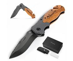BERGKVIST® K20 coltello pieghevole (coltellino a due mani) con manico in legno e titanio - coltellino tascabile 3 in 1 rompivetro e tagliacinture