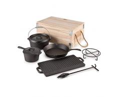 Klarstein Hotrod Masterplan Dutch Oven - Set di Pentole in Ghisa, Batteria Pentole, 7 Pezzi, Pentola in Acciaio, Dutch Oven, Padella, Piastra, con Sollevatore Coperchio e Sottopentola, Ed. 2020, Nero