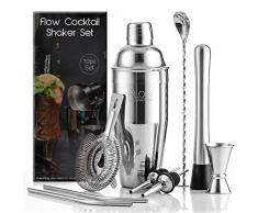 FLOW Barware Set per Cocktail Shaker, 10 Pezzi Set per Cocktail in Acciaio con Colino, Misurino, Cucchiaio per Cocktail, Versatori Rapidi e Cannucce di Metallo