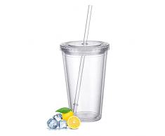 Bicchiere di plastica riutilizzabile, a doppia parete, trasparente, con cannuccia, riutilizzabile, adatto per caffè e succo di frutta, 500 ml