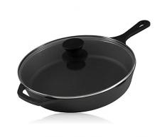 BBQ-TORO griglia in ghisa con Coperchio in Vetro | Padella in ghisa, Padella per friggere alla griglia, Padella per friggere con Coperchio, Padella per Bistecca (Ø 26 cm)