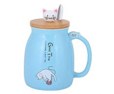 HwaGui Tazza da Gatto Tazza da Latte in ceramica Set di Tazze da Tè con Cucchiaio e Coperchio Regalo per gli Amanti dei Gatti 420 ml (Blu)