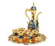 Set da tè Turco, Teiera Vintage Marocchina in Metallo Russo Samovar Bicchiere Vino Fiaschette con Manico Caffe Servizio Tazza Bollitore Persiano Caffè Bere Decorazioni Casa Regalo di Nozze(Blu)