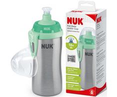 NUK Junior Cup - Borraccia per bambini, in acciaio inox di alta qualità, durevole e igienica, 215 ml, 18 mesi, clip e tappo protettivo, senza BPA, turchese