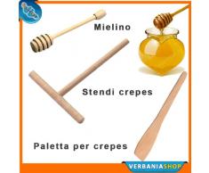KIT SET SPATOLA STENDI CREPES + PALETTA PER CREPES + MIELINO CUCCHIAIO RACCOGLI MIELE IN LEGNO DI FAGGIO