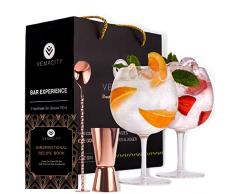 VEMACITY - Bicchieri da Gin - Set 2 Bicchieri Gin Tonic, Realizzati a Mano, 700 ml, E-Book Ricette Gratis, Cucchiaio da Cocktail Oro Rosa, Dosatore Cocktail e Grandi Bicchieri in Confezione Regalo