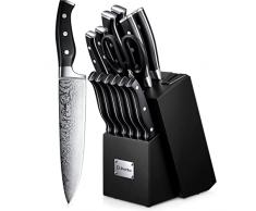 D.Perlla Set Coltelli da Cucina Professionale, Ceppo Coltelli in Acciaio 14 Pezzi, Ceppo Autoaffilante, Blocco Coltello in Legno