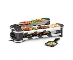 Klarstein Griglia Raclette con 2 Zone Grill, Piastra Raclette Formaggio in Pietra Naturale e Alluminio 1200W, Piastra Elettrica per Grigliare Carne e Formaggio, Piastra Grill con 8 Padelle e Spatole