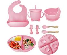 Hoidokly Set Pappa Svezzamento Bambini, 8 Pezzi Silicone Set Pappa Bambini con Ventosa Piatto Ciotola Tazze Cucchiaio Forchetta Bavaglino Set Svezzamento senza BPA per Neonati - Rosa