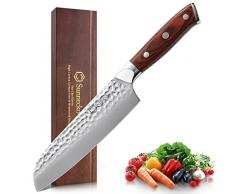 Sunnecko Coltelli da Cucina 18 cm, Coltello Santoku in Acciaio Ad Alto Tenore di Carbonio Martellato, Coltello Giapponese con Manico in Legno, Coltello da Cucina per Verdure Carne Pesce