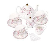 fanquare Set da Tè in Porcellana, Set Tazza da Tè e Piattino, Servizio da Tè da Sei,Nozze Teiera Zuccheriera Crema Brocca, Servizio da Caffè di Fiori China, Rosa Rossa