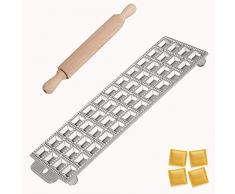 Verbania Shop Stampo RAVIOLATORE Quadro 48 POSTI Ravioli 1,6 x 1,6 cm in Alluminio con Rullo in Legno