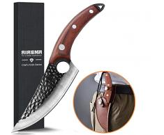 AIRENA Coltello Chef Forgiato a Mano, Coltello Cucina in Stile Giapponese - Acciaio Inossidabile Tedesco - Coltelli Cucina da Esterno con Fodero in Pelle e Manico Full Tang per Casa, Campeggio, BBQ
