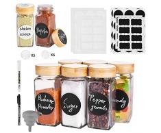 FDGAUCA Set Spezie da Cucina 6 x 120 ml, Contenitori Spezie, Barattoli Portaspezie con Copertura in bambù, Spezie Cucina Barattoli Vetro mit Imbuto, Etichetta e Gessetto