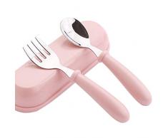 Posate per bambini, Forchetta e Cucchiaio in Acciaio Inox Posate Bimbi Toddler Utensili per laddestramento del Bambino Apprendimento Complementari Piatti di Cibo Infantili Posate (Rosa)