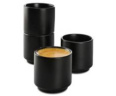 Set di 4 Tazze da Espresso in Ceramica Nera - Design Impilabile - Pareti Spesse - Lavabile in Lavastoviglie - 70 ml