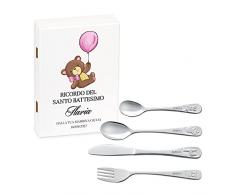 Maverton Set di 4 posate per bambini con incisione + scatola in legno con stampa personalizzata - motivo animali - idee regalo per battesimo bimba - dolcezza