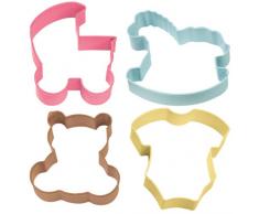 Wilton, 0260829, Set 4 tagliapasta baby, metallo colorato, colori assortiti, carrozzina, body, cavallo a dondolo e orsetto