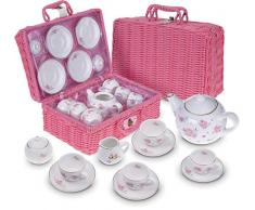 JewelKeeper - Servizio da tè per Bambine in Porcellana con Cestino da Picnic Rosa, Design Floreale, 13 Pezzi
