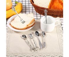 Set Di Posate 6pz Cucchiaio E Forchetta Retro Disegno In Lega Di Zinco Intagliato Caffè Gelato Dolce Frutta, Oro/Argento/Ottone Rosso/Ottone Antico (Colore : Silver)