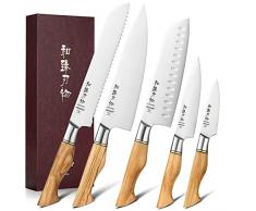 HEZHEN-Set di Coltelli da Cucina in Acciaio Inossidabile 5 Pezzi, Coltello da Chef in Acciaio Svedese,Piccolo Coltello Coltello da Pane,Manico in Legno Dulivo,Set Coltelli da Cucina