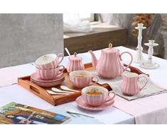 Lieras - Servizio da tè in porcellana, serie British Royal, per 6 persone, tazze da 236,5 ml con piattini, include zuccheriera, teiera, lattiera, cucchiaini e colino da tè, per tè/caffè Young Pink