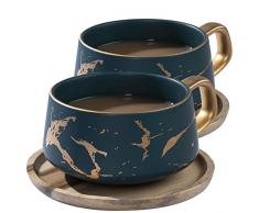 VETIN 2 tazze da cappuccino con piattino, 300 ml, in porcellana, per tè, caffè, cappuccino, tazze da caffè con disco di legno (verde*2)