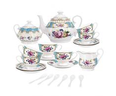 fanquare 15 Pezzi Servizio da Tè in Porcellana Turchese Inglesi,Vintage Set Tazzine da Caffè Cinese con Fiori di Rosa,Servizio di Caffè per Matrimoni per Adulti